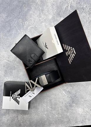 Ремень+кошелек кожаный черный в стиле armani / ремень+кошелек кожаный чёрный в стиле armani