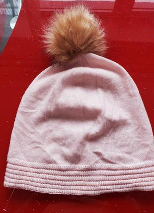 Blue motion жіноча легка демісезонна шапка-біні з помпоном із хутра рожева вовна мериноса кашемір1 фото