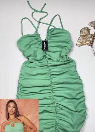 Зеленое платье сетка со сборкой1 фото