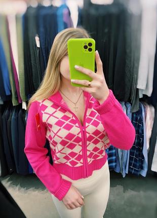 Кофта розовая малиновая s m на замочке кардиган короткий розовый шахматный стильный модный оригинальный 46