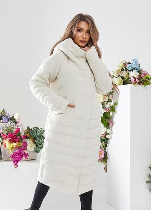 Жіноче зимове пальто молоко плащівка стьобане з капішоном женское зимнее молочный3 фото