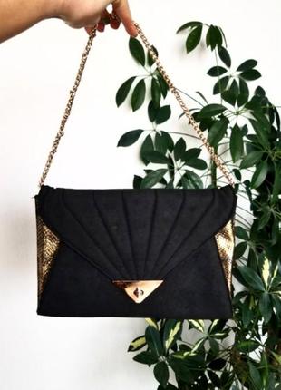 Сумка на короткому ланцюжку чорна сумка клатч золота сумка кросс боді вечірня сумка замшева на плече