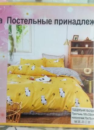 Комплект постельного белья 180×230 двуспальное постельное бельё с котиками желтого цвета2 фото