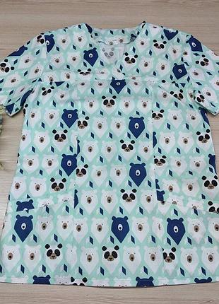 Женская медицинская блуза ,топ с медведями на мятном фоне 42-46 , хлопок