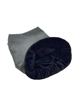 Лежак норка кишеня для котів та собак сіра рогожка +чорне еко-хутро