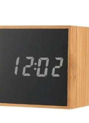 Часы будильник куб дерево bamboo led clock (белый)