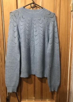 Свитер тонкая вязка тонкий паутинка, светр голубий тоненький рукава фонарики воланы