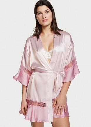 Сатиновий халат victoria's secret flounce satin robe з мереживом