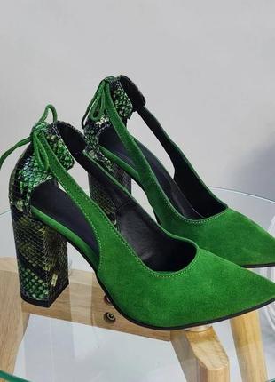 Екслюзивні туфлі лодочки з італійської шкіри та замші жіночі на підборах3 фото