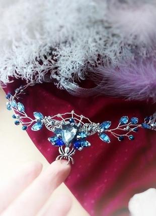 Арахна павук діадема на чоло синій сріблястий блакитний обруч обідок вінок тіара корона ельфійська косплей фентезі на волосся казкова тематична3 фото