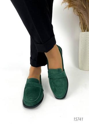 Жіночі лофери замшеві, темно-зелений, натуральна замша