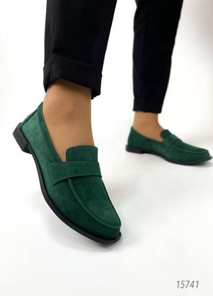 Жіночі лофери замшеві, темно-зелений, натуральна замша