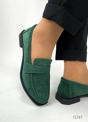 Жіночі лофери замшеві, темно-зелений, натуральна замша
