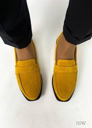 Желтые горчичные натуральные замшевые туфли лоферы замш горчица6 фото