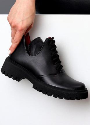 Натуральные кожаные черные ботинки - туфли на шнуровке