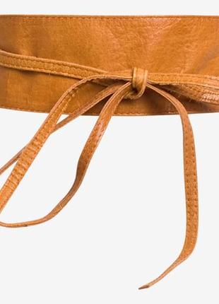 Pieces ефектний шкіряний широкий пояс на талію коньячний коричневий на зав'язку pcvibs leather tie waist belt до плаття3 фото