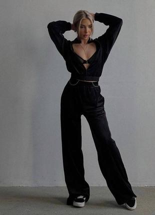Спортивний жіночий костюм чорний велюровий  зіп худі на блискавці з капішоном штани вільного крою якісний трендовий