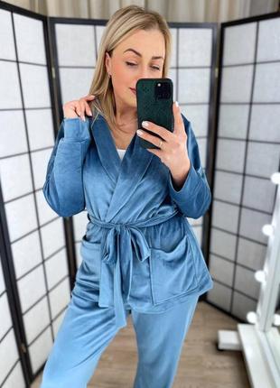 Тепла жіноча піжама велюр батал бірюза, голубий великі розміри 50-52, 54-56