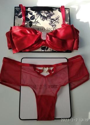 Комплект бюст з камінцями трусики вікторія сікрет victoria’s secret  подарунок день святого валентина