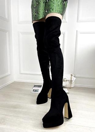 Ботфорты деми на каблуках с острым носком эко замша черные