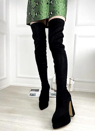 Ботфорты деми на каблуках с острым носком эко замша черные