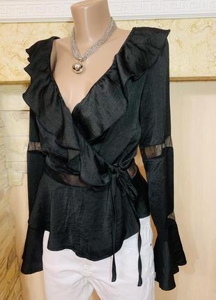 Блуза воланы рюши сетка декольте на запах атлас шелк5 фото