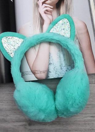 Навушники теплі з котячими вушками м'ятний one siz.