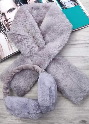 Комплект хутряні навушники складні + шарф-комір кашне сірий one size.