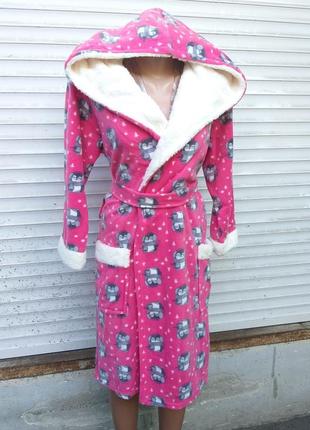Женский тёплый флисовый халат с капюшоном на запах турция
