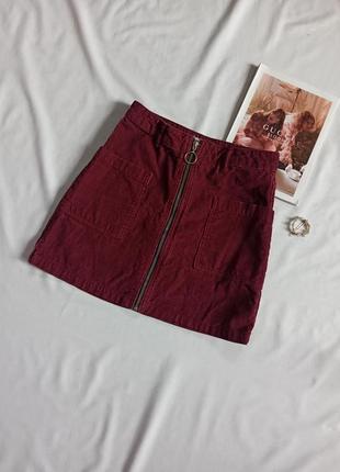 Бордовая вельветовая юбка трапеция с замком по всей длине и кольцом1 фото