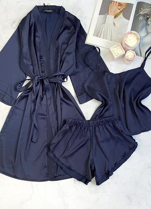 Шовковий піжамний комплект халат та піжама, гарний комплект для дому з шовку піжама майка, шорти та халат8 фото