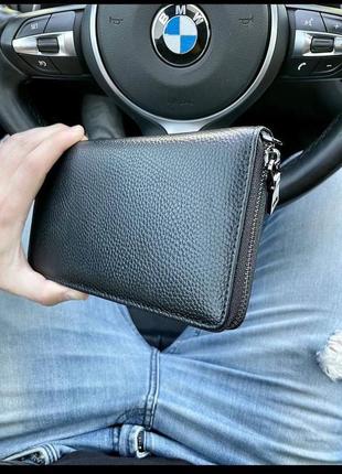 Чорний чоловічий гаманець-клатч на змійці з блоком під картки з натуральної шкіри