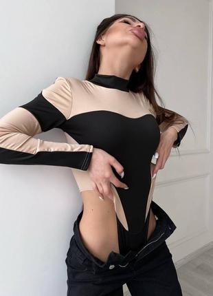 Стильний зручний простий модний трендовий базовий повсякденний боді бодік жіночий для жінок чорний з бежевим2 фото