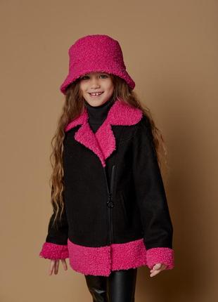 Куртка косуха детская подростковая кашемировая, эко мех каркуль, для девочки, черная, малиновая