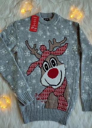В'язаний жіночий новорічний вовняний сірий светр з оленем