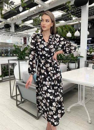 🔥 акция🔥 платье миди лёгкое женственное с цветочным принтом с v образным вырезом декольте бежевое чёрное синее расклешенное с пышной юбкой с поясом