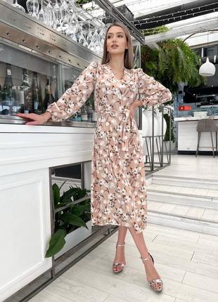 🔥 акция🔥 платье миди лёгкое женственное с цветочным принтом с v образным вырезом декольте бежевое чёрное синее расклешенное с пышной юбкой с поясом