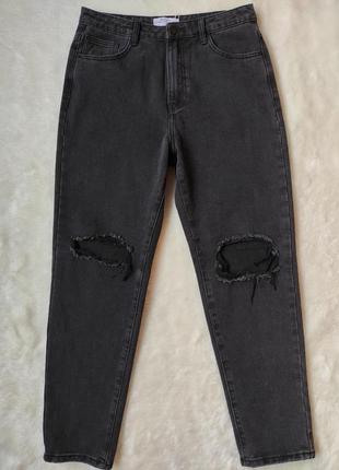 Серые черные женские джинсы плотные широкие прямые мом бойфренды кроп высокая талия разрезами дыркам5 фото