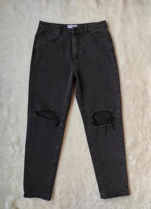 Серые черные женские джинсы плотные широкие прямые мом бойфренды кроп высокая талия разрезами дыркам2 фото