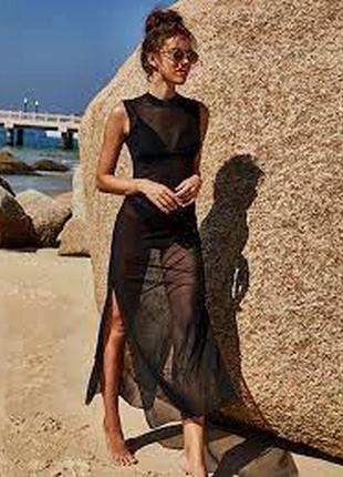 Черное длинное платье сетка пляжное платье мини с сеткой миди макси блестящими бретелями calzedonia5 фото