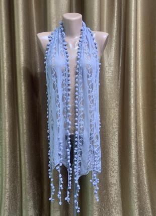 Нежный, лиловый, кружевной шарфик с помпончиками