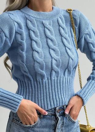 Базовий укорочений светр, джемпер з візерунком коси.6 фото