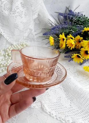 1960-е! 🍬 карамельное стекло кофейная пара чашка граненная с блюдцем маленькая прессованное советская винтаж1 фото