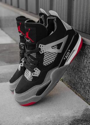 Мужские кроссовки nike air jordan retro 4 black grey red1 фото