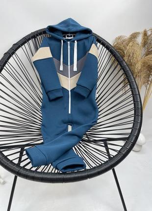 Теплый на флисе ромпер с капюшоном синий трикотажный наброс