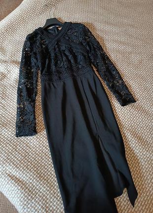 Черное миди платье с разрезом кружевом длинный рукав5 фото