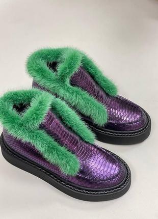Екслюзивні черевики високі лофери з натуральної італійської шкіри та замші жіночі фіолетові5 фото