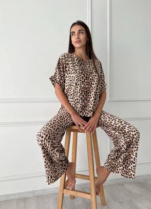 Пижама женская леопардовая футболка оверсайз штаны свободного кроя на высокой посадке качественная трендовая