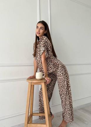Пижама женская леопардовая футболка оверсайз штаны свободного кроя на высокой посадке качественная трендовая3 фото