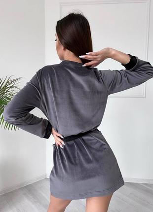 Халат жіночий велюровий сірий графіт на довгий рукав з кишенями з чорним поясом теплий якісний2 фото